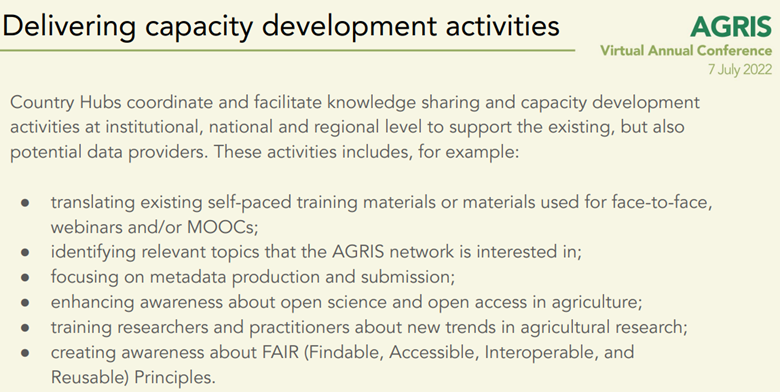 Capacity development activities by AGRIS country hubs